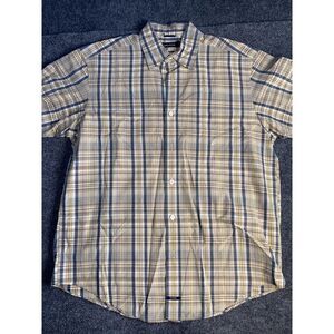 Nautica Shirt Mens Medium Brown Plaid Short Sleeve Logo Collared Button Down‎